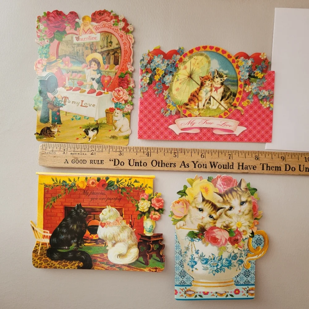 Punch Studio Victorian Look Valentine Cards 4 New Cats Hearts Scrapbook Journal